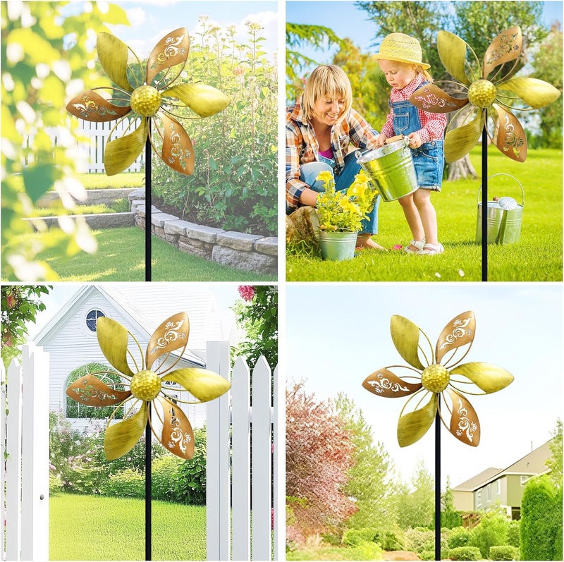 gronhof دوارات الرياح المعدنية الخارجية، 10.63" عرض * 37" ارتفاع، دوارات للحديقة وزينة الحديقة، تمثال دوار الرياح الحركي (ذهبي مزخرف مقطوع بالليزر)  - Image 5
